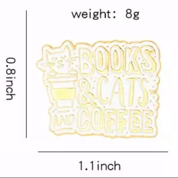 Books, Cats & Coffee pin enamel gold book lover - Picture 2 of 3